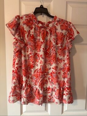 Floral Ruffle Blouse - Red & White